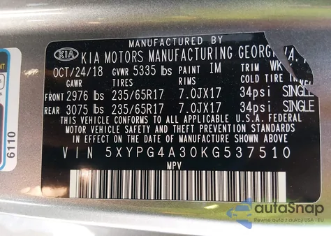2019 Kia Sorento 2.4L Lx from USA, damaged, VIN 5XYPG4A30KG537510
